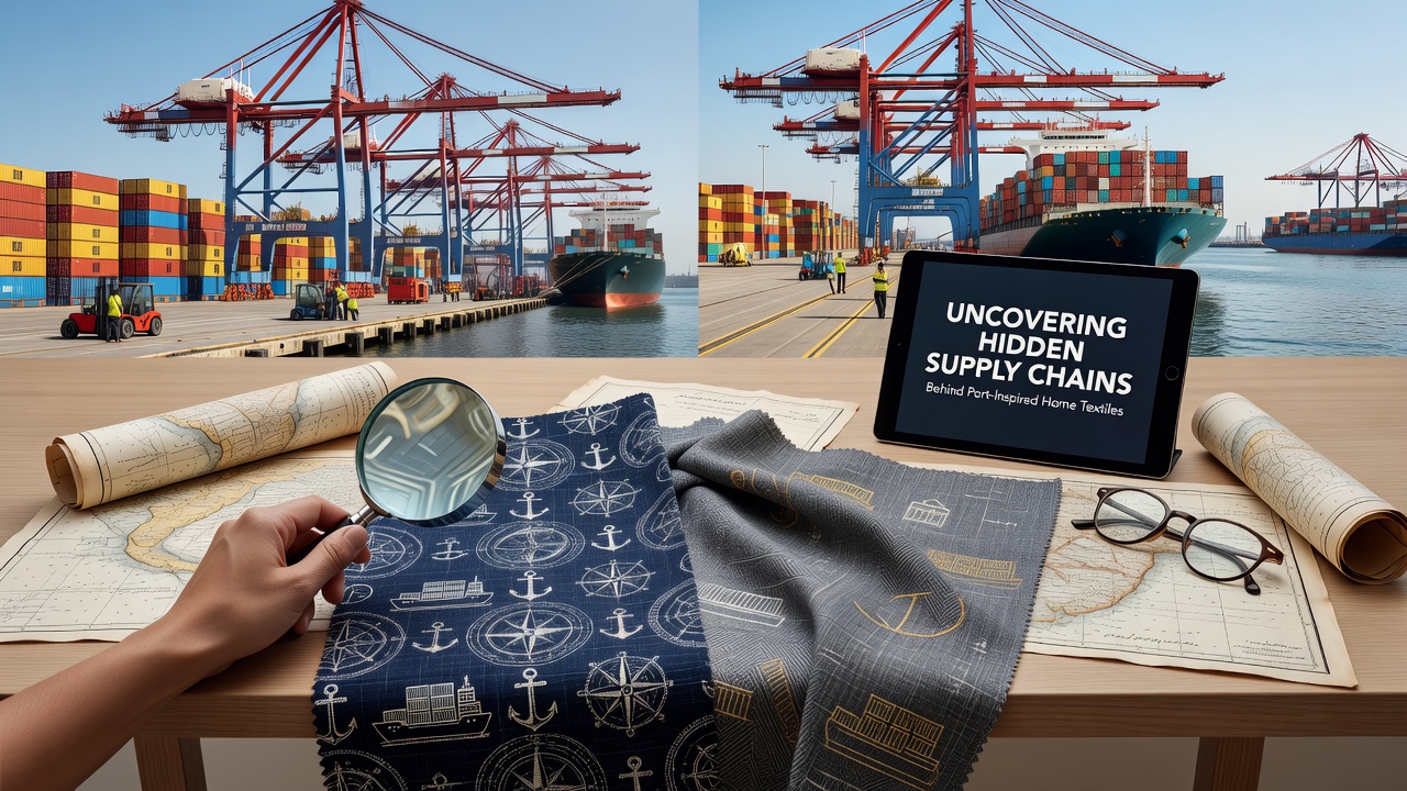 Supply chain mapping of port-inspired textiles showing global shipping routes and manufacturing locations